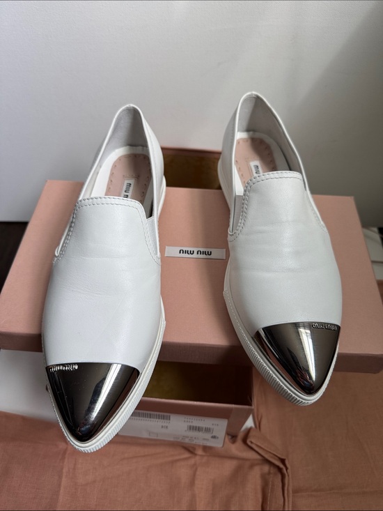 Miu Miu Shoes - Miu Miu White Skate Sneaker Leather Slip-On Loafers with Silver Cap Toes | 38.5